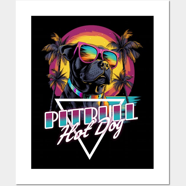 Retro Wave Pitbull Terrier Hot Dog Shirt Wall Art by Miami Neon Designs